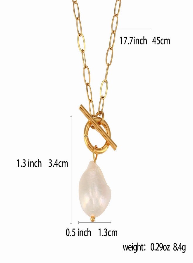Decentraland Baroque Gold Freshwater Pearl Long Pendant Necklace Paperclip Toggle Drop Stainless Steel Necklace For Women - Image 2